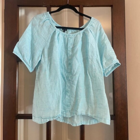 Talbots Linen Short-Sleeve Button-Down Blouse in Aqua, Size 1XP - Picture 1 of 5